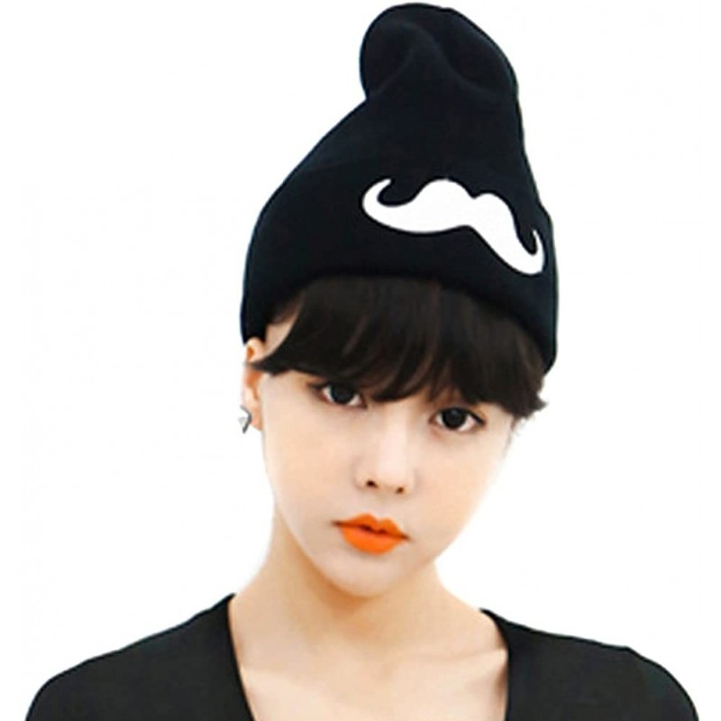 Skullies & Beanies Women Big Moustache Knit Beanie Crochet Rib Hat Cap Warm FFH084BLK - Black - CF11IFCMQHH $8.90