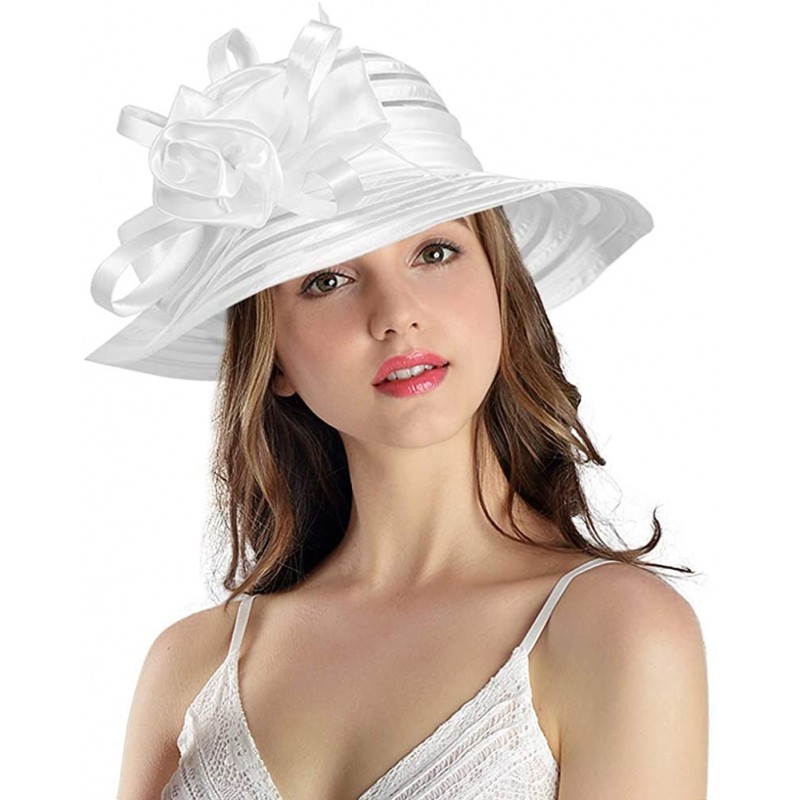 Bucket Hats Women's Big Floral Fascinator Kentucky Derby Church Floppy Wide Brim Cloche Bucket Hat - White - CA11S1HI66B $24.06