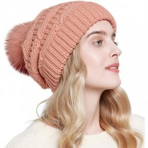 Skullies & Beanies Womens Winter Knit Slouchy Beanie Hat Warm Skull Ski Cap Faux Fur Pom Pom Hats for Women - Pink - CJ18Z2KA...