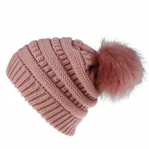 Skullies & Beanies Womens Winter Knit Slouchy Beanie Hat Warm Skull Ski Cap Faux Fur Pom Pom Hats for Women - Pink - CJ18Z2KA...