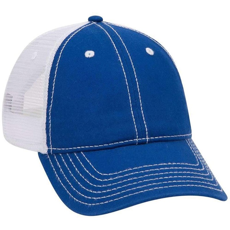 Baseball Caps Garment Washed Cotton Twill 6 Panel Low Profile Mesh Back Trucker Hat - Ryl/Ryl/Wht - CH180D5WA9A $12.29