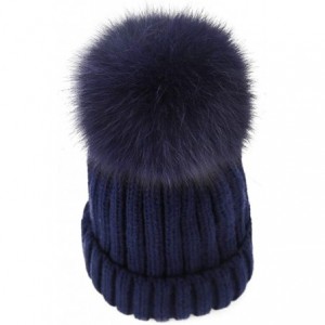 Skullies & Beanies Winter Knit Hat Real Raccoon Silver Fox Fur Pom Pom Warm Knit Beanie Hat - Navy (Real Fox Fur) - CN18Y2CH0...