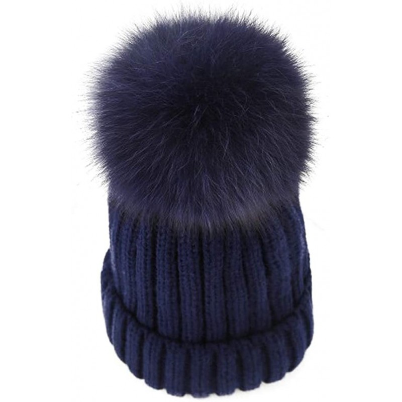 Skullies & Beanies Winter Knit Hat Real Raccoon Silver Fox Fur Pom Pom Warm Knit Beanie Hat - Navy (Real Fox Fur) - CN18Y2CH0...