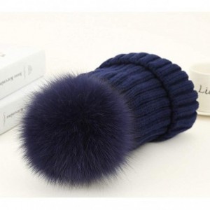 Skullies & Beanies Winter Knit Hat Real Raccoon Silver Fox Fur Pom Pom Warm Knit Beanie Hat - Navy (Real Fox Fur) - CN18Y2CH0...