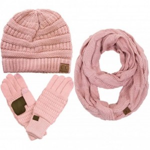 Skullies & Beanies 3pc Set Trendy Warm Chunky Soft Stretch Cable Knit Beanie- Scarves and Gloves Set - Indi Pink - CE18H6NTXG...