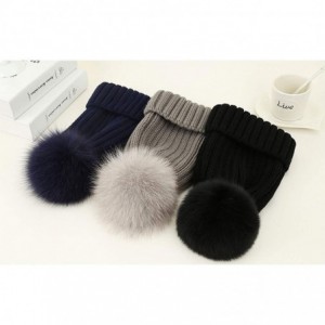 Skullies & Beanies Winter Knit Hat Real Raccoon Silver Fox Fur Pom Pom Warm Knit Beanie Hat - Navy (Real Fox Fur) - CN18Y2CH0...