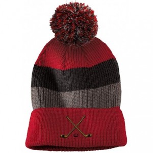 Skullies & Beanies Custom Vintage Pom Pom Beanie Hockey Sticks Embroidery Acrylic - Red Stripes - CW18A6EK644 $16.65