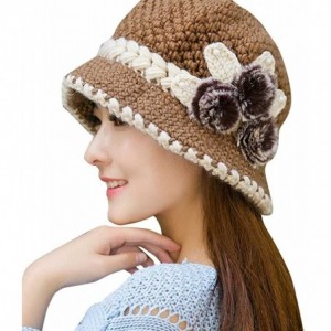 Cold Weather Headbands Women Color Winter Hat Crochet Knitted Flowers Decorated Ears Cap with Visor - Khaki - CC18LH2IODL $18.10