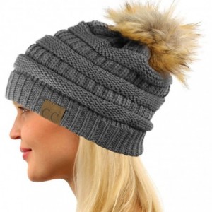 Skullies & Beanies Fur Pom Winter Fall Trendy Chunky Stretchy Cable Knit Beanie Hat - Solid Dk. Melange Gray - CB18YAO5MYZ $1...