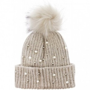 Skullies & Beanies Knit Wool Winter Beanie with Pom Embellished with Faux White and Silver Pearls - Brown - C818K5A0RXT $20.36