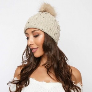 Skullies & Beanies Knit Wool Winter Beanie with Pom Embellished with Faux White and Silver Pearls - Brown - C818K5A0RXT $20.36