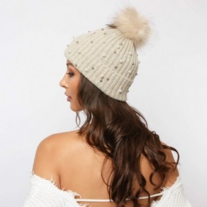 Skullies & Beanies Knit Wool Winter Beanie with Pom Embellished with Faux White and Silver Pearls - Brown - C818K5A0RXT $20.36