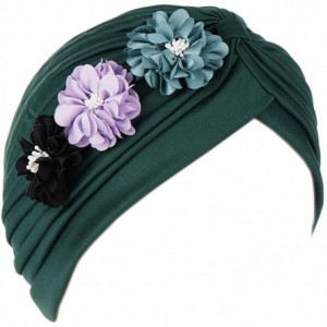 Skullies & Beanies Shiny Metallic Turban Cap Indian Pleated Headwrap Swami Hat Chemo Cap for Women - Green Flower - CL18Z5A20...