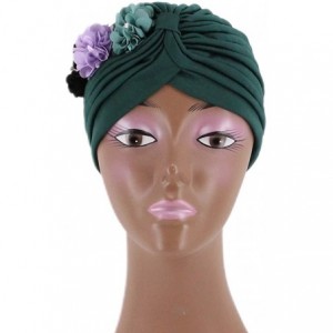 Skullies & Beanies Shiny Metallic Turban Cap Indian Pleated Headwrap Swami Hat Chemo Cap for Women - Green Flower - CL18Z5A20...