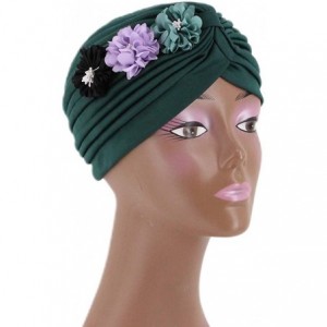 Skullies & Beanies Shiny Metallic Turban Cap Indian Pleated Headwrap Swami Hat Chemo Cap for Women - Green Flower - CL18Z5A20...