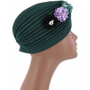 Skullies & Beanies Shiny Metallic Turban Cap Indian Pleated Headwrap Swami Hat Chemo Cap for Women - Green Flower - CL18Z5A20...