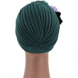 Skullies & Beanies Shiny Metallic Turban Cap Indian Pleated Headwrap Swami Hat Chemo Cap for Women - Green Flower - CL18Z5A20...