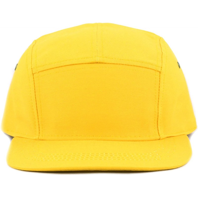 Baseball Caps Made in USA Cotton Twill 5 Panel Flat Brim Genuine Leather Brass Biker Board Cap - Yellow - C71895RS8O6 $11.46