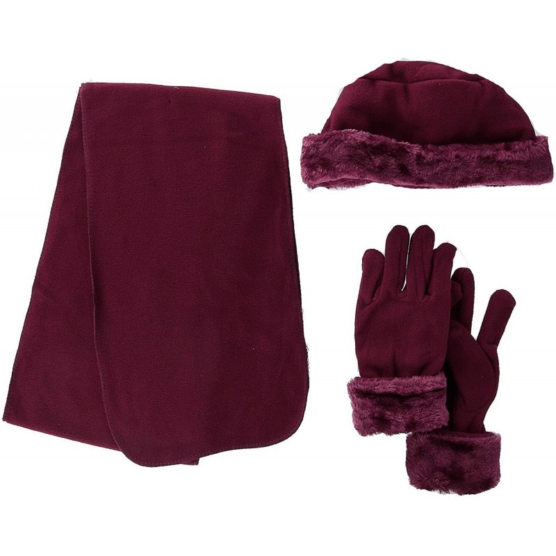 Skullies & Beanies Women's Fleece 3-Piece Winter Set with Fur - Burgundy - CX18IDSYKAC $7.20