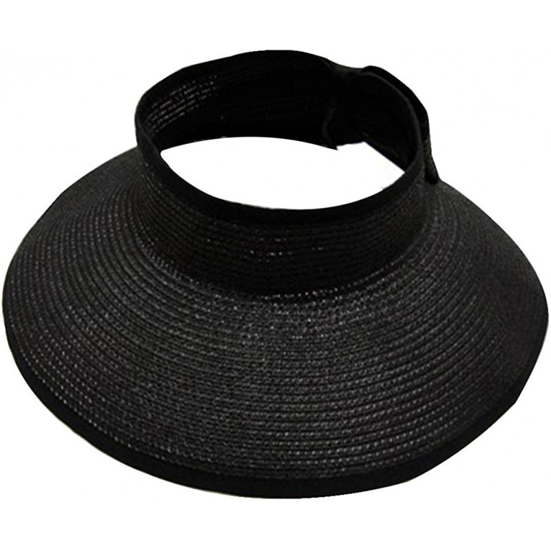 Visors Women's Summer Foldable Straw Sun Visor w/Cute Bowtie - 283_black - CH12EOTHFMP $16.56