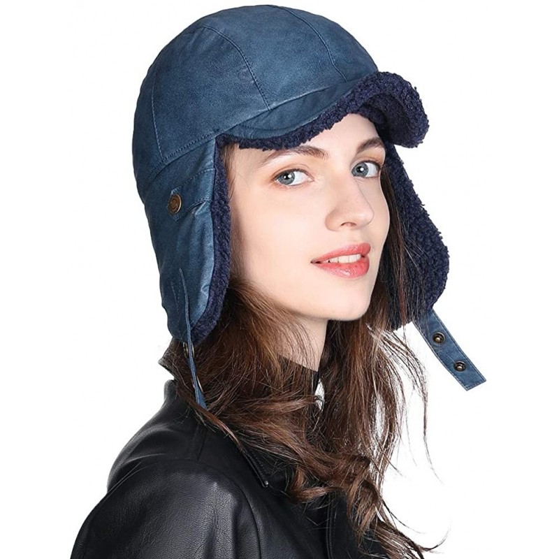 Bomber Hats Aviator Hat Faux Leather Pilot Cap Adult Men Winter Trapper Hunting Hat - 00796_navy - C3193TU4HIQ $17.08