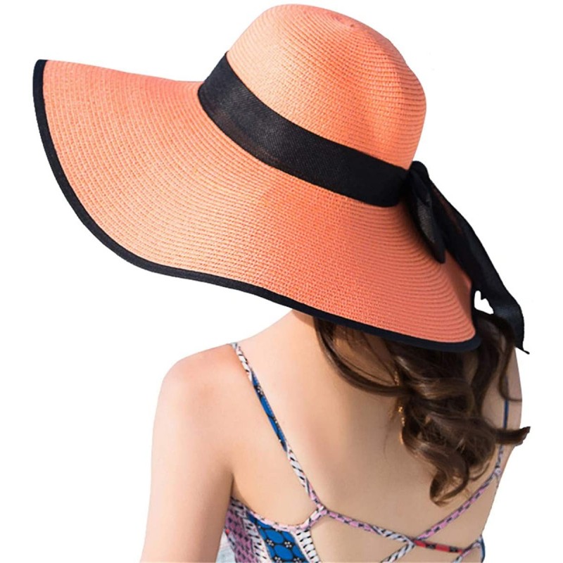 Sun Hats Beach Sun Hat for Women Bow-knot UV UPF 50+Travel Foldable Wide Brim Straw Hat - Orange - CE1999XQLHK $15.49