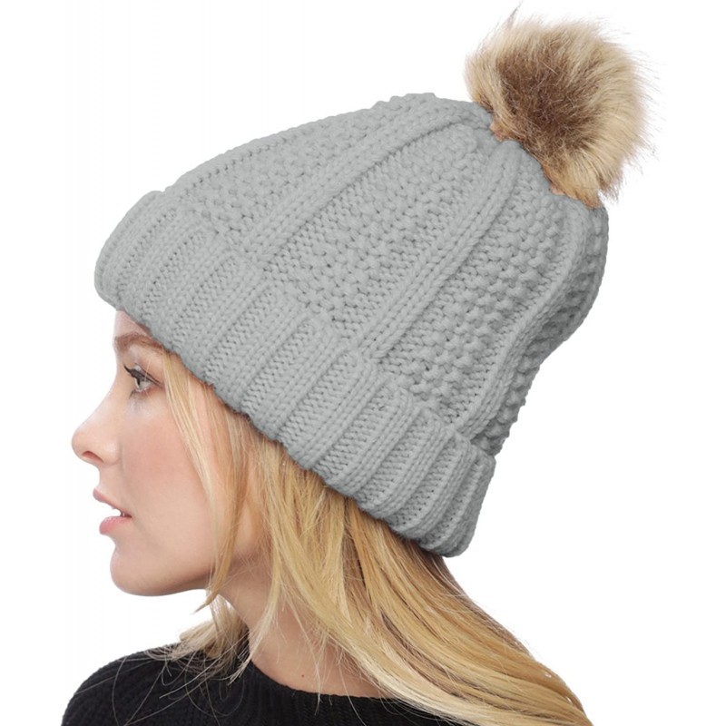 Skullies & Beanies Women's Winter Thick Knitted Plush Lining Pom Pom Beanie Hat. - Silver - CP186X70376 $12.15