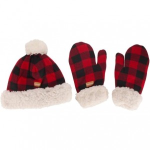 Skullies & Beanies Women's Classic Winter Fleeced Thermal Pom Pom Beanie Hat and Mittens Set - Red & Black Plaid - CF18H4LHU3...