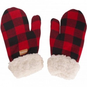 Skullies & Beanies Women's Classic Winter Fleeced Thermal Pom Pom Beanie Hat and Mittens Set - Red & Black Plaid - CF18H4LHU3...