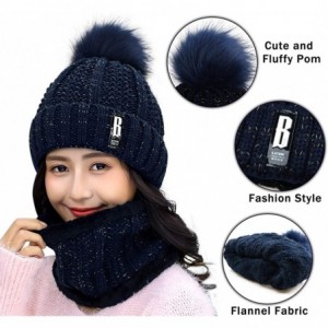 Skullies & Beanies Womens Knit Scarf Beanie Hat 2PCS Set Fleece Lined Pom Skull Cap Scarves Soft Warm Winter Gift Set - Navy ...