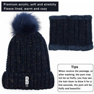 Skullies & Beanies Womens Knit Scarf Beanie Hat 2PCS Set Fleece Lined Pom Skull Cap Scarves Soft Warm Winter Gift Set - Navy ...