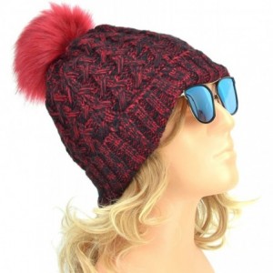 Skullies & Beanies Warm Thick Slouchy Chunky Cable Knit Beanie Hat Winter Hat with Pom Pom - Red/Black - CZ186GRMUA8 $26.10
