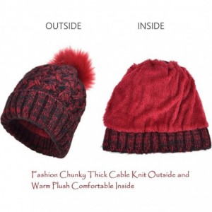 Skullies & Beanies Warm Thick Slouchy Chunky Cable Knit Beanie Hat Winter Hat with Pom Pom - Red/Black - CZ186GRMUA8 $12.71