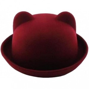 Fedoras Cat Ear Wool Bowler Hats - Cute Derby Fedora Caps with Roll-up Brim for Youth Petite - Dark Red - CU12NBXNLHN $33.14
