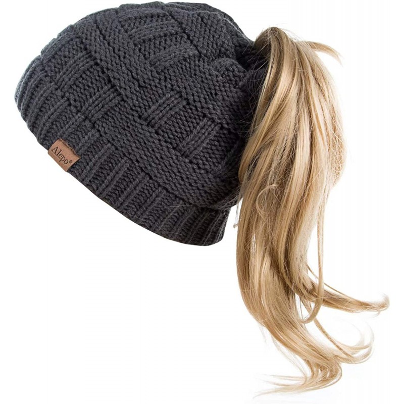 Skullies & Beanies Womens High Messy Bun Beanie Hat with Ponytail Hole- Winter Warm Trendy Knit Ski Skull Cap - Dark Gray - C...