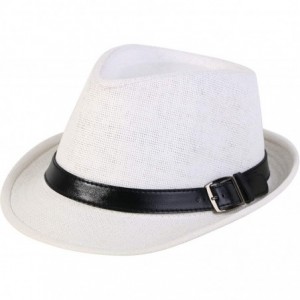 Visors Beach Straw Fedora Hat w/Solid Hat Band for Men & Women - White Hat Black Belt - C317Y08ROZ8 $33.96