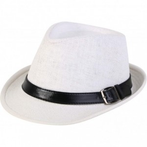 Visors Beach Straw Fedora Hat w/Solid Hat Band for Men & Women - White Hat Black Belt - C317Y08ROZ8 $16.79