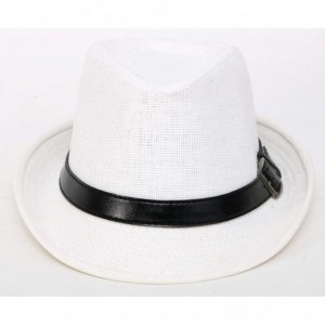 Visors Beach Straw Fedora Hat w/Solid Hat Band for Men & Women - White Hat Black Belt - C317Y08ROZ8 $16.79