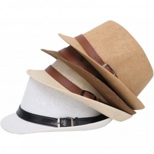 Visors Beach Straw Fedora Hat w/Solid Hat Band for Men & Women - White Hat Black Belt - C317Y08ROZ8 $16.79