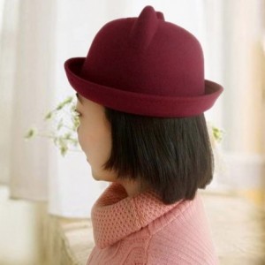 Fedoras Cat Ear Wool Bowler Hats - Cute Derby Fedora Caps with Roll-up Brim for Youth Petite - Dark Red - CU12NBXNLHN $15.80