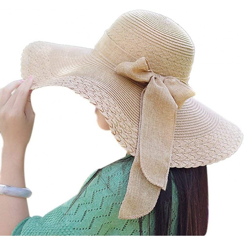 Sun Hats Women's Summer Folable Floppy Straw Hat Big Bowknot Wide Brim Beach Sun Hat - Brown - CN183YD6NAY $8.07