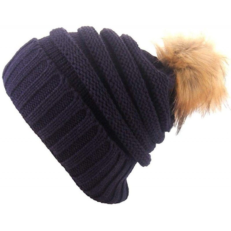 Skullies & Beanies Women Casual Headwear Stretchy Soft Hats Plush Ball Thicken Knitted Hat Skullies & Beanies - Navy Blue - C...