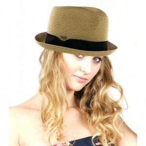 Fedoras Women's Solid Color Ribbon Spring Summer Porkpie Fedora Hat - Dark Natural/Black - CF11WWYFHBL $12.24