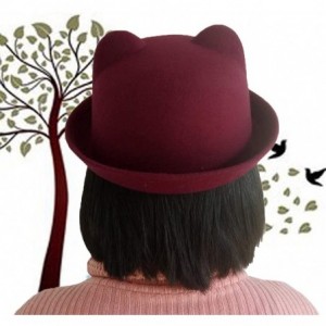 Fedoras Cat Ear Wool Bowler Hats - Cute Derby Fedora Caps with Roll-up Brim for Youth Petite - Dark Red - CU12NBXNLHN $15.80