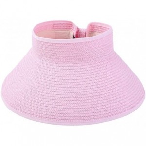 Visors Women Wide Brim Roll-up Striped/Ribbe Straw Sun Visor Packable Summer Beach Hat Bucket Pool Cap - Pink - CG12O0OPK2D $...