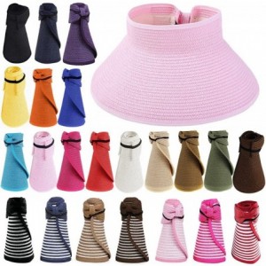 Visors Women Wide Brim Roll-up Striped/Ribbe Straw Sun Visor Packable Summer Beach Hat Bucket Pool Cap - Pink - CG12O0OPK2D $...