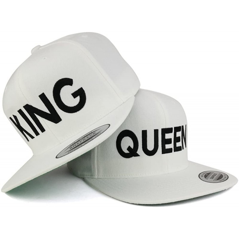Baseball Caps King and Queen Embroidered Flat Bill Snapback Off White Cap - 2pc Pack - Black Thread - CF182OMC8H9 $33.01