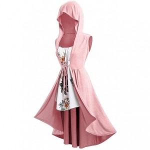 Berets Hooded Robe Vintage High Low Long Hoodie Front Tie Vest Cloak with Floral Cami Top - Pink - CL18SUCEL8H $10.73