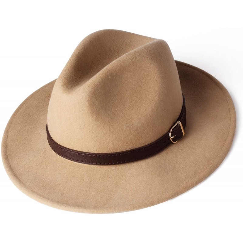 Fedoras 100% Wool Wide Brim Felt Panama Hat with Belt Buckle Fedora Hats for Men Women Light Camel - CF18ZI0R2TW $20.36