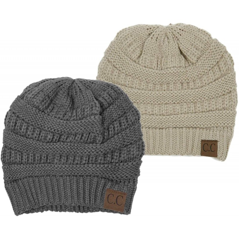 Skullies & Beanies Solid Ribbed Beanie Slouchy Soft Stretch Cable Knit Warm Skull Cap - 2 Pack - Heather Grey & Beige - CV18K...